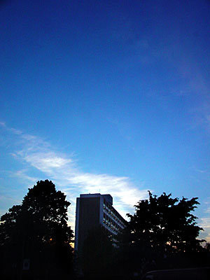 Barrington Road tower block at dusk from Wyck Gardens, Brixton, Lambeth, London SW9