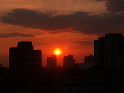 Setting sun over Brixton, Brixton, Lambeth, London SW9