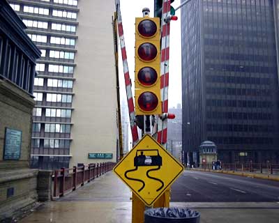 road sign, swing bridge