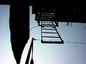 Fire escape and flag