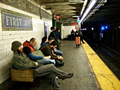 Waiting for the 2am L train to Williamsburg, First Avenue subway station, Lower East Side, Manhattan, New York, New York City, NYC, USA