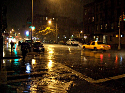 Thunderstorm on First Avenue, outside The Raven, Avenue A and East 12th street, East Village, Manhattan, New York, New York City, NYC, USA