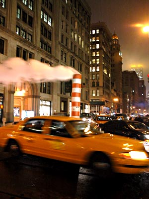 Yellow cab and steam outlet, Manhattan, New York, New York City, Manhattan, New York, NYC, USA