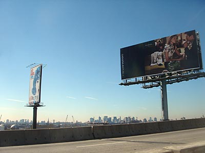 Billboards in Brooklyn with Manhattan in the distance, NYC, USA